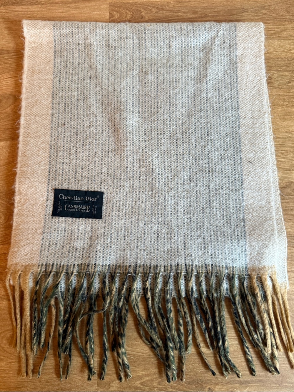 Vintage Christian Dior Cashmaire Fringed Scarf Cream Grey Green Block Stripe